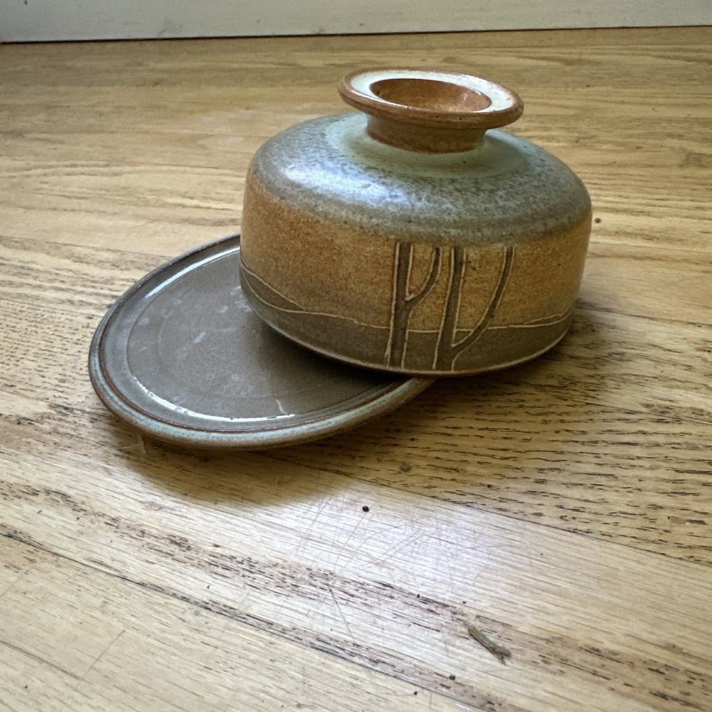 Vintage pottery butter dish with dome lid Southwestern Tan Green 6x4" Handmade